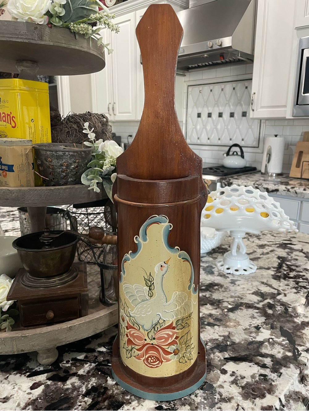 Large Hand Painted Wooden Wall Pocket with Swan Motif - Vintage